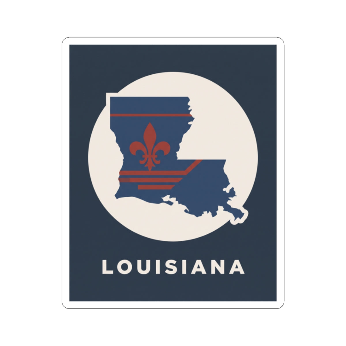 Louisiana kiss-cut sticker with blue state outline, red fleur-de-lis, and circular cream badge