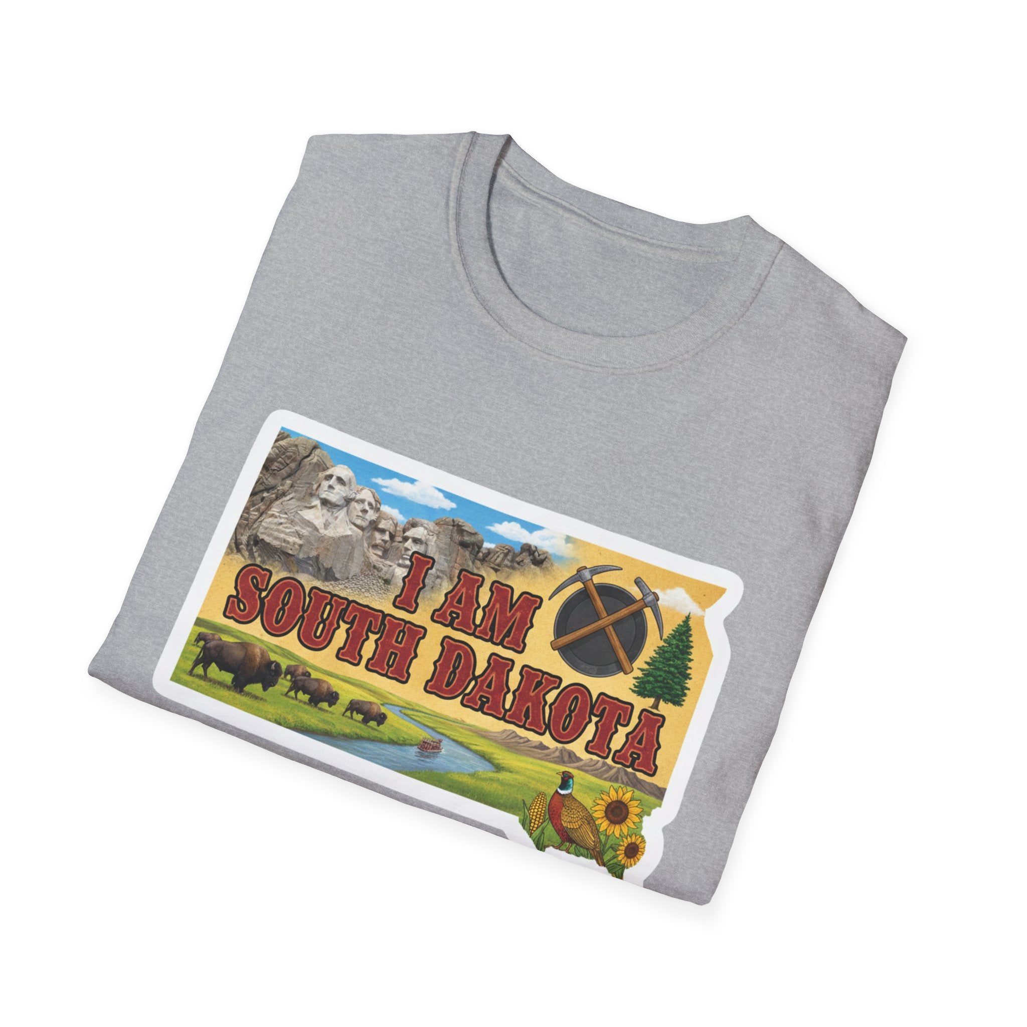 Heather grey I Am South Dakota T-shirt with landscape graphic and state text
