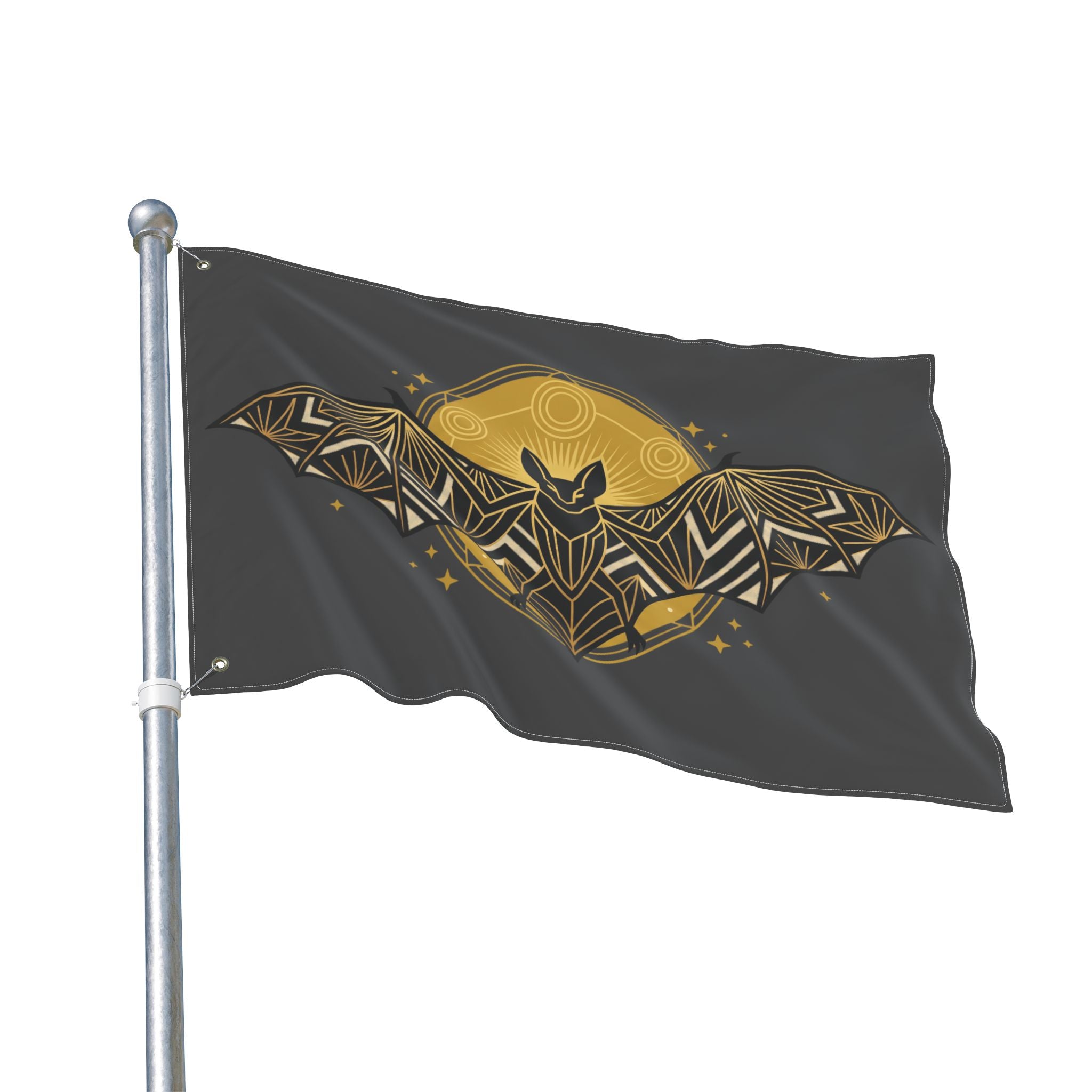 Bat banner flag on metal pole; dark fabric with gold art deco bat and moon emblem