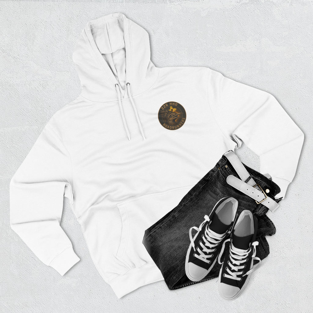 White pullover hoodie with front pocket, drawstring hood, small chest patch