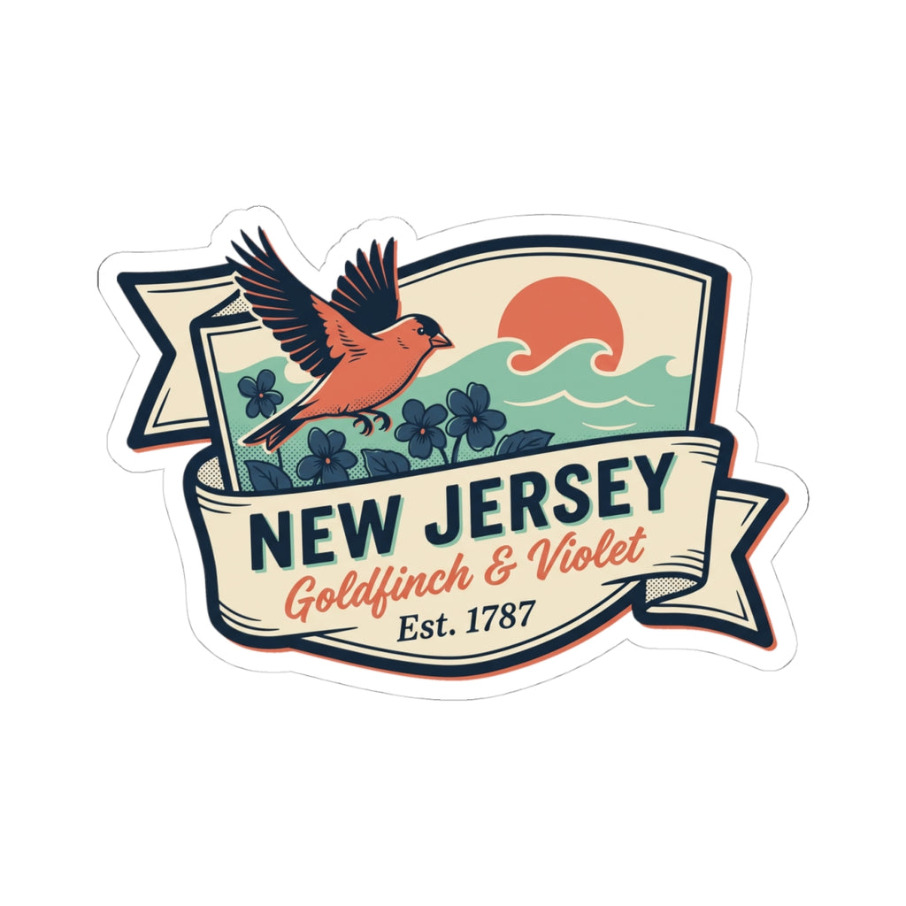 Vintage New Jersey sticker decal with goldfinch, flowers, wave, and Est. 1787