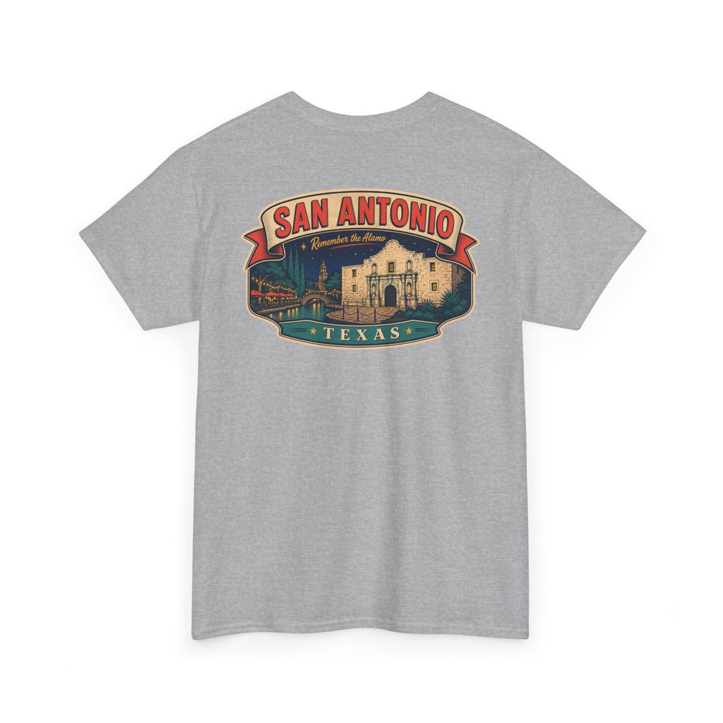 Heather gray crewneck T-shirt with San Antonio Texas city badge graphic