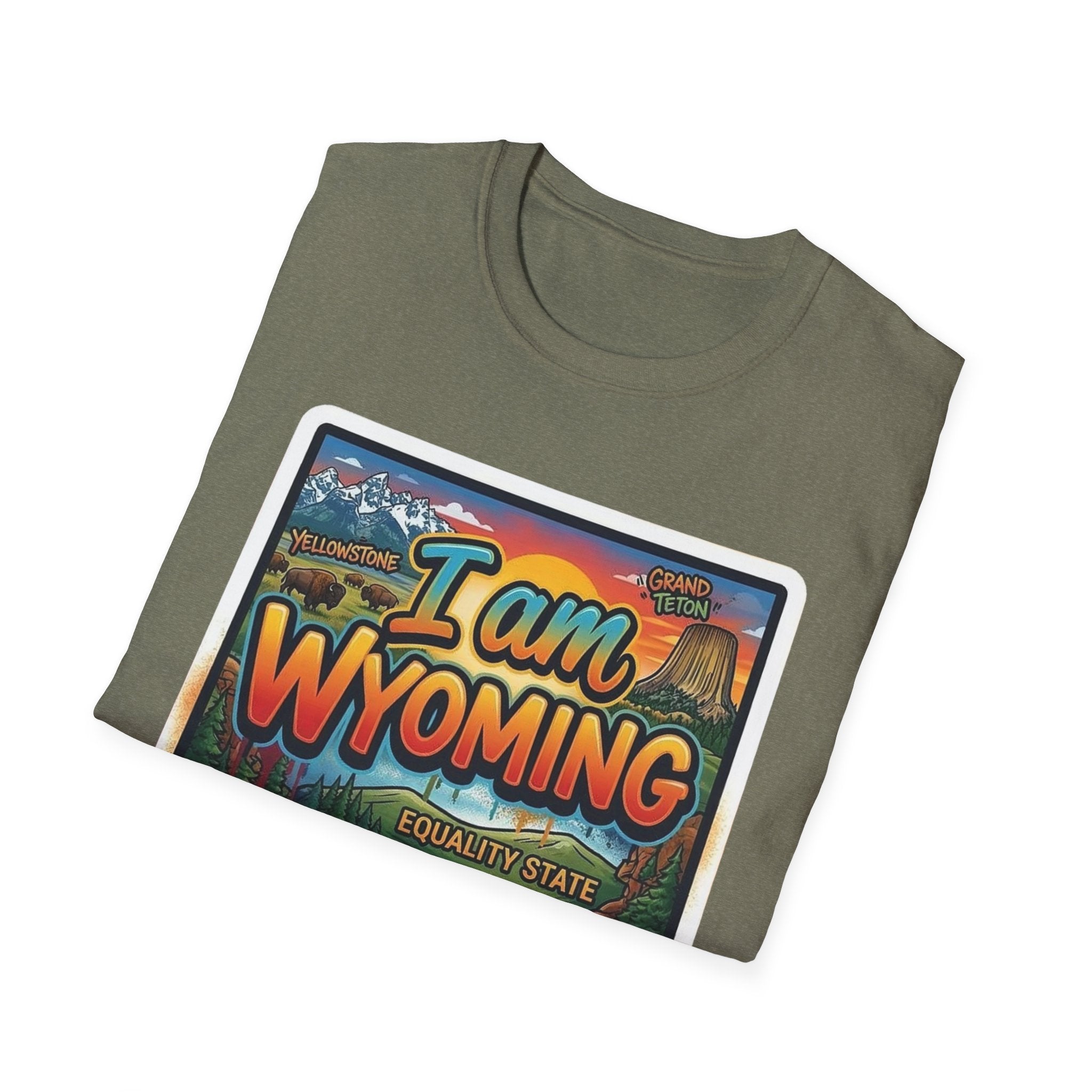 I Am Wyoming T-shirt, heather military green with colorful "I am Wyoming" postcard graphic