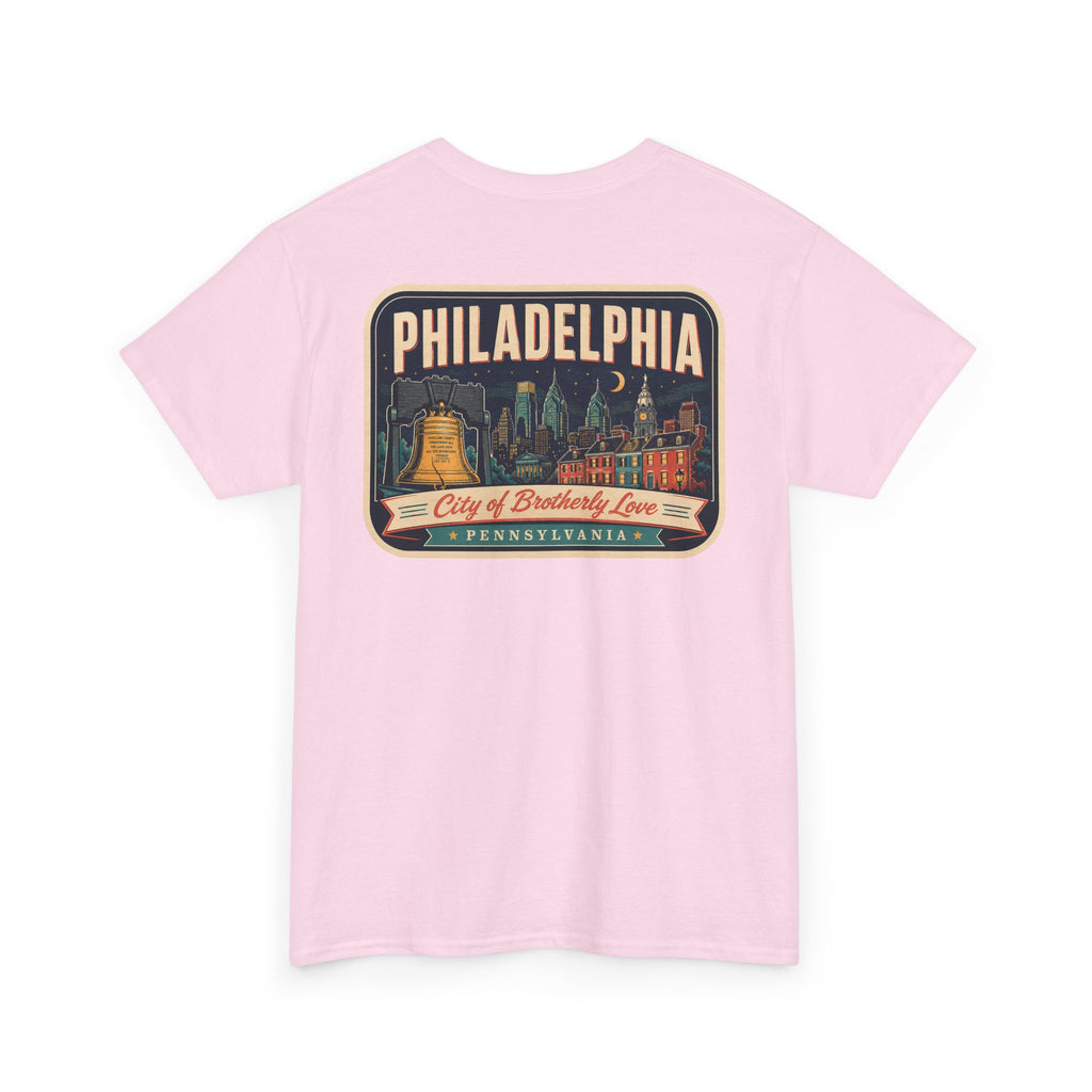 Light pink T-shirt with Philadelphia skyline luggage-tag graphic patch