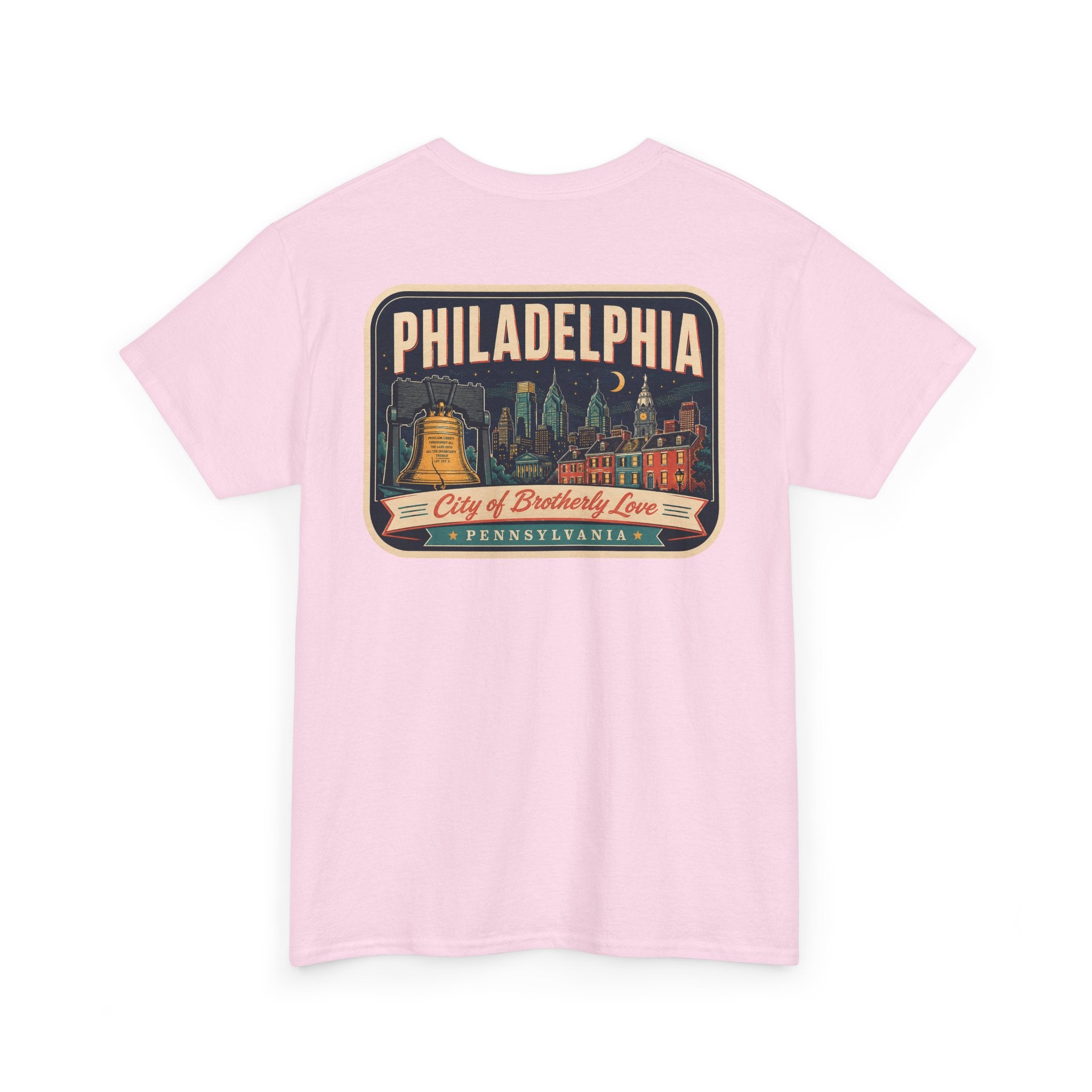 Light pink T-shirt with Philadelphia skyline luggage-tag graphic patch
