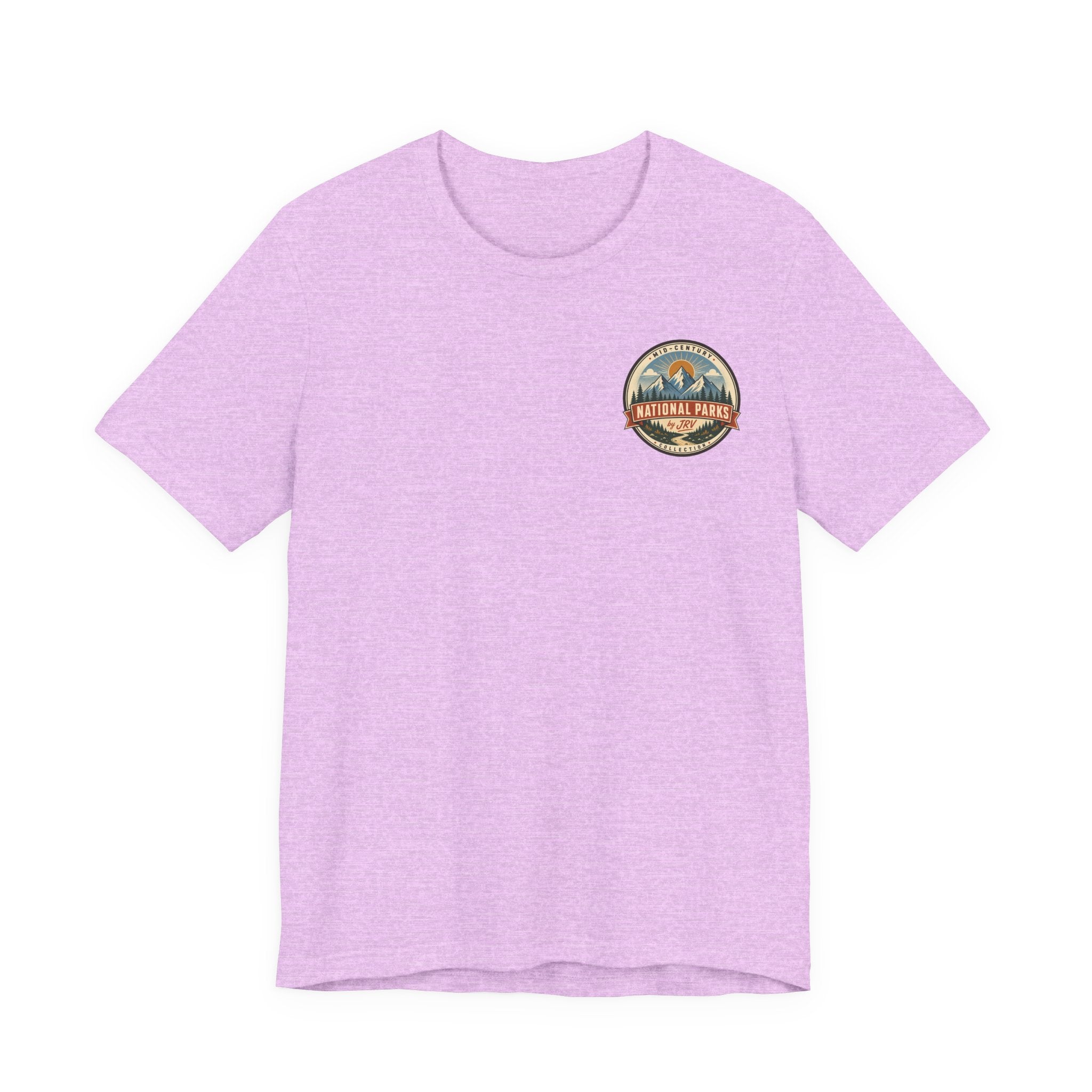 Lavender Yosemite national park t-shirt with circular retro emblem chest graphic.