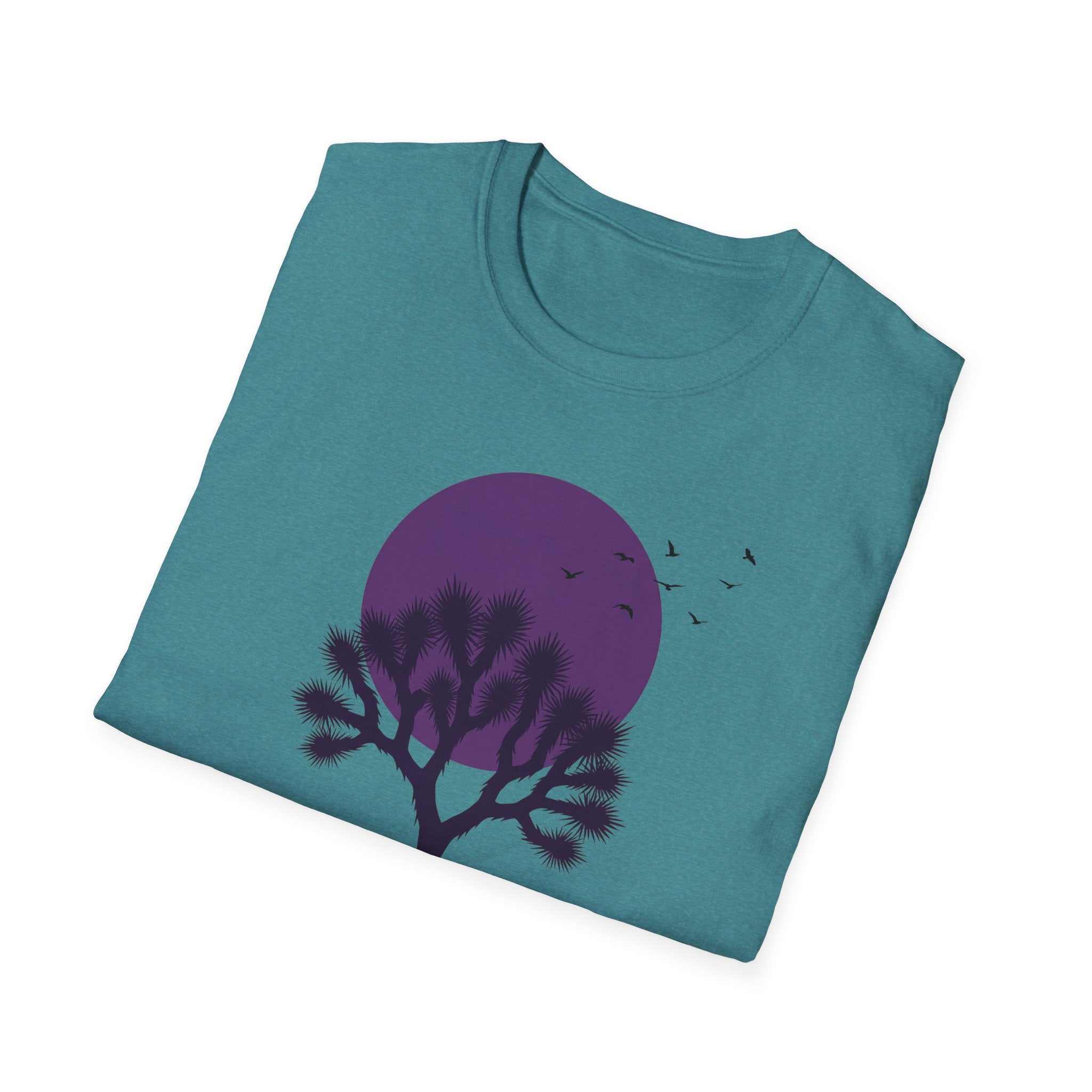 Teal T-shirt with purple moon, Joshua tree silhouette and birds graphic