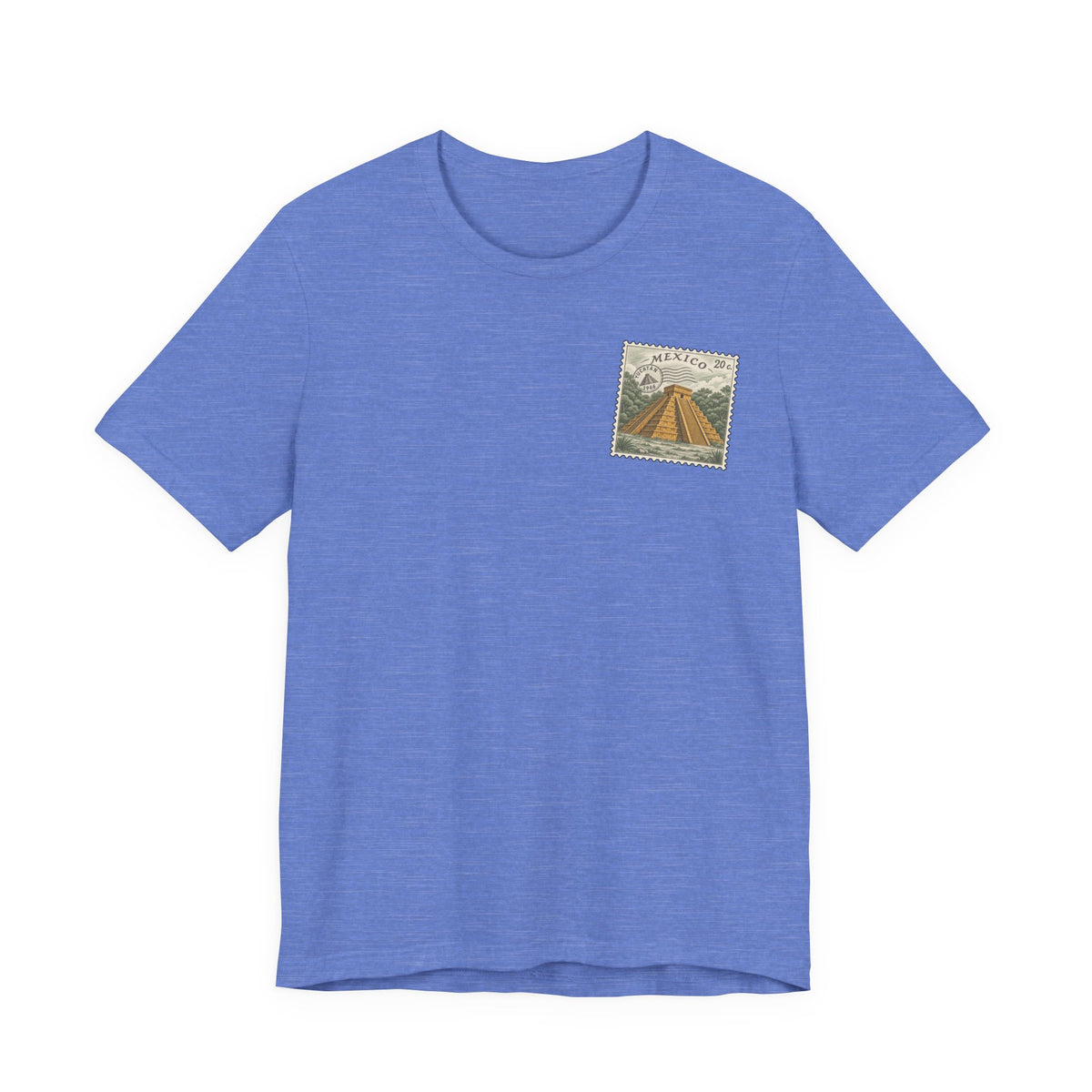 Blue crew-neck t-shirt with small vintage Mexico postage-stamp graphic on chest.