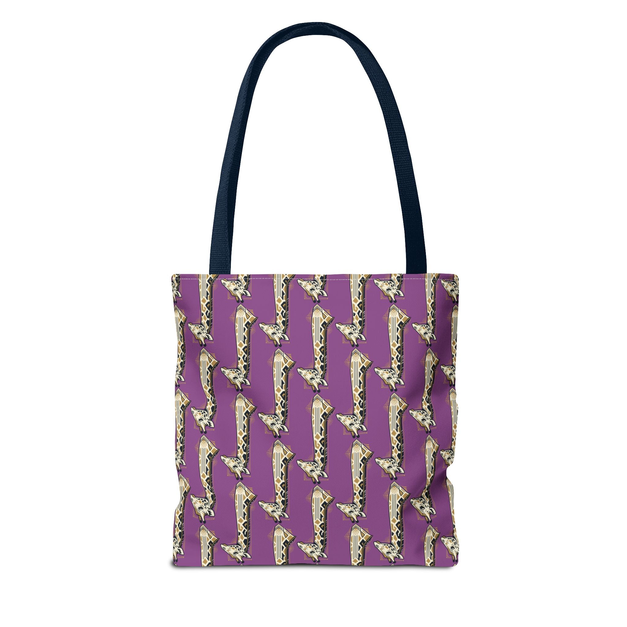 Purple tote bag with repeating saxophone pattern and navy carry handles, front view.