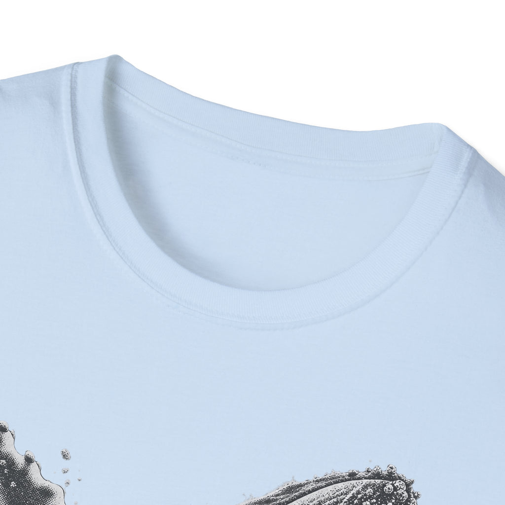 Light blue crewneck T-shirt close-up of the white whale graphic at the collar