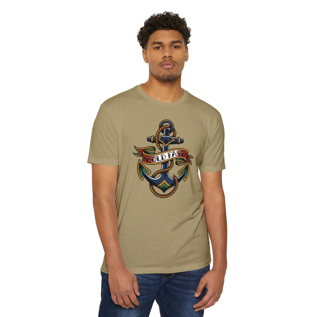 Olive green crewneck t-shirt with colorful anchor “Hold Fast” graphic on front