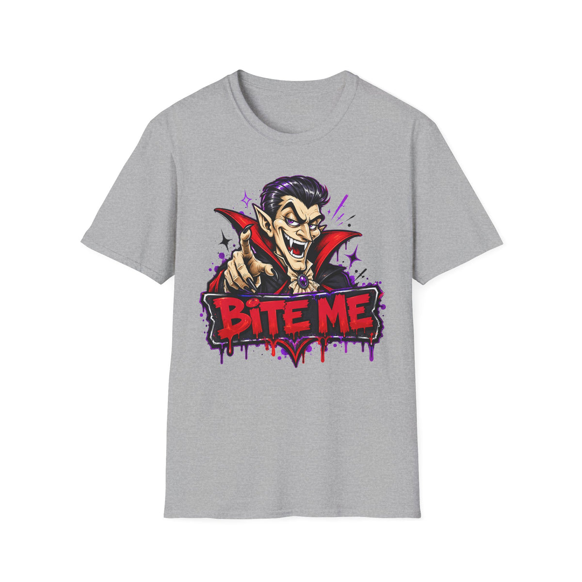 Gray crew-neck t-shirt with colorful vampire “BITE ME” graphic in the center