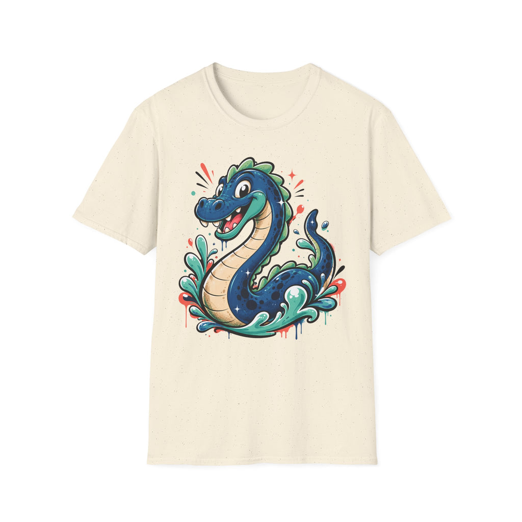 Cream crewneck T-shirt featuring a colorful cartoon sea serpent graphic