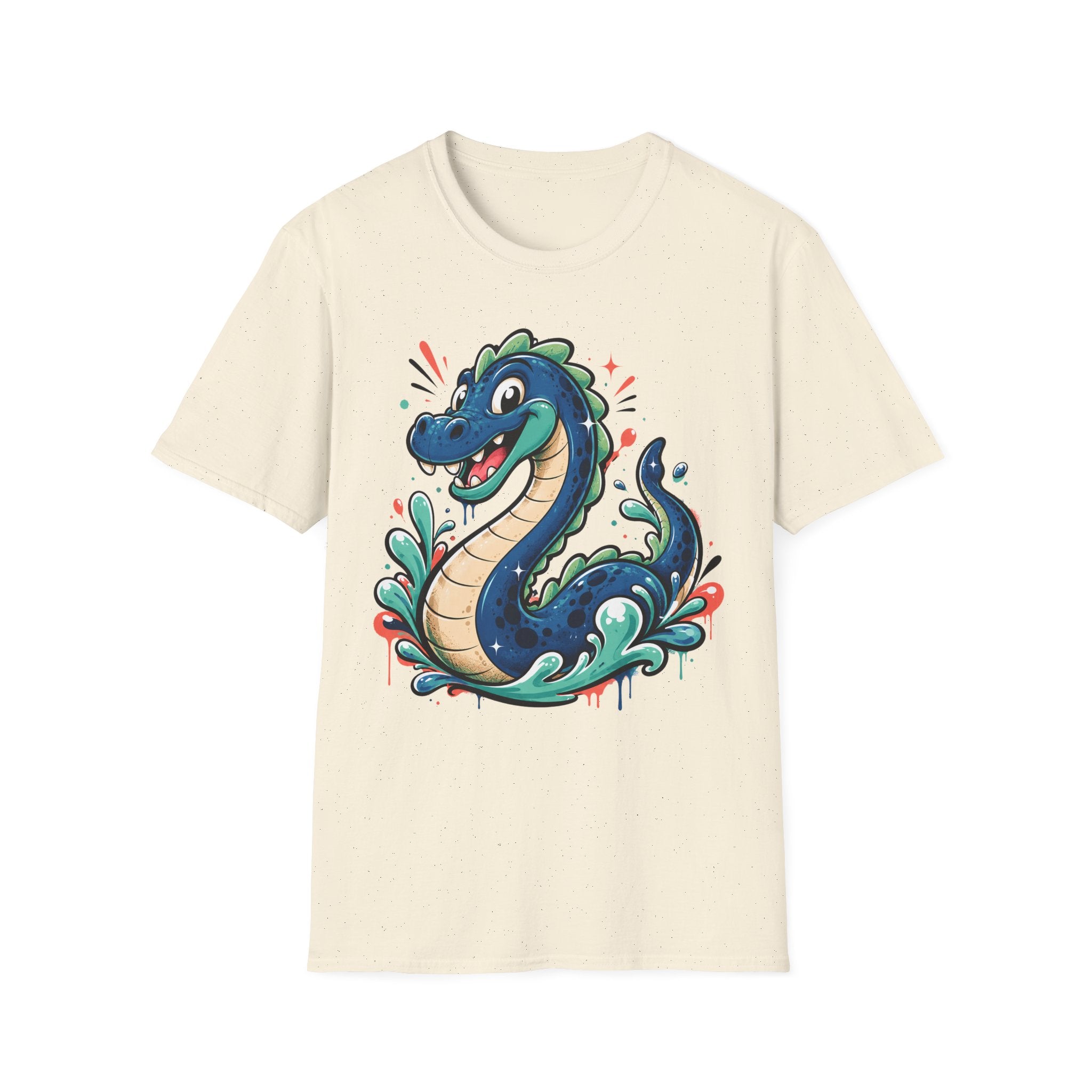 Cream crewneck T-shirt featuring a colorful cartoon sea serpent graphic