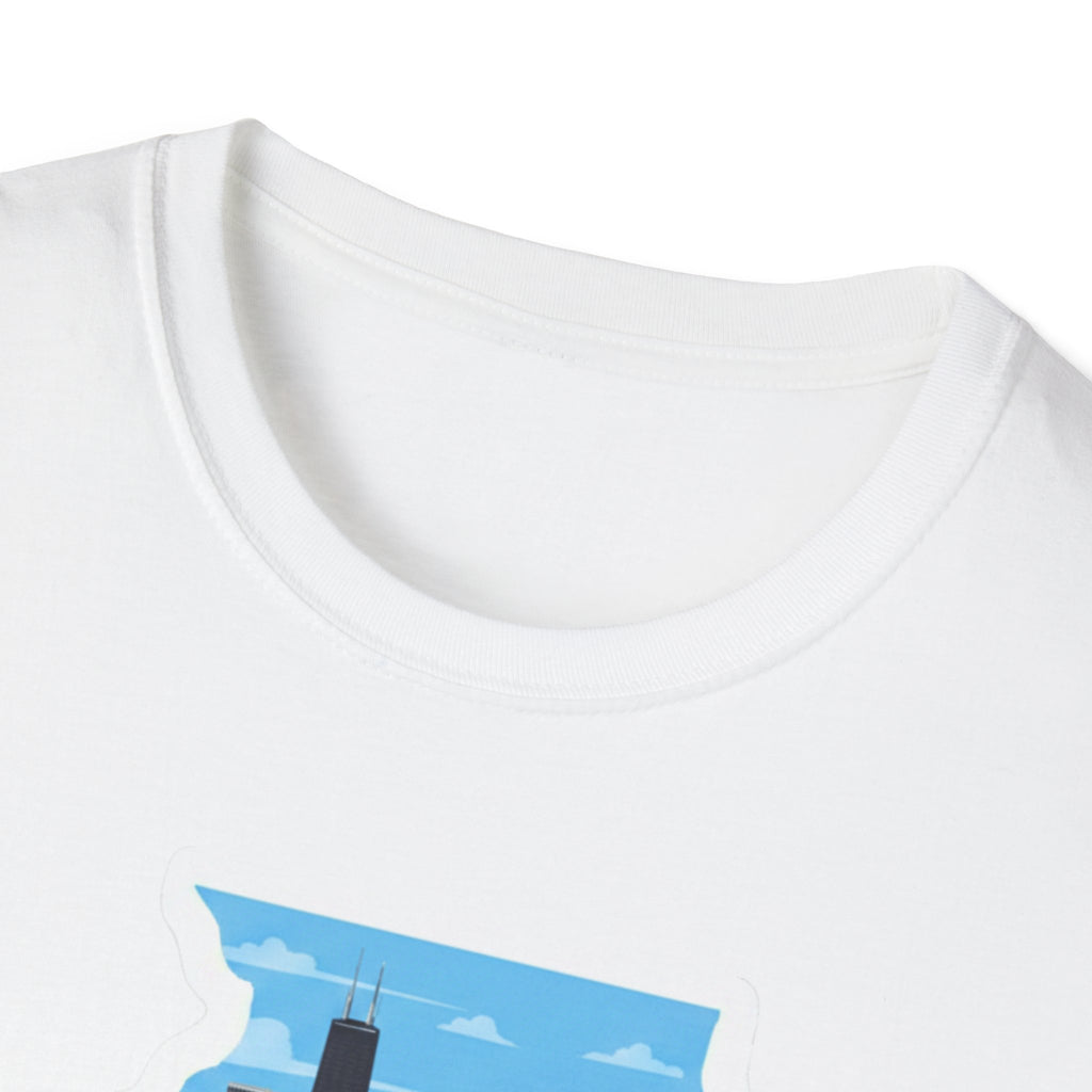 White crewneck T-shirt with top portion of Illinois map skyline design