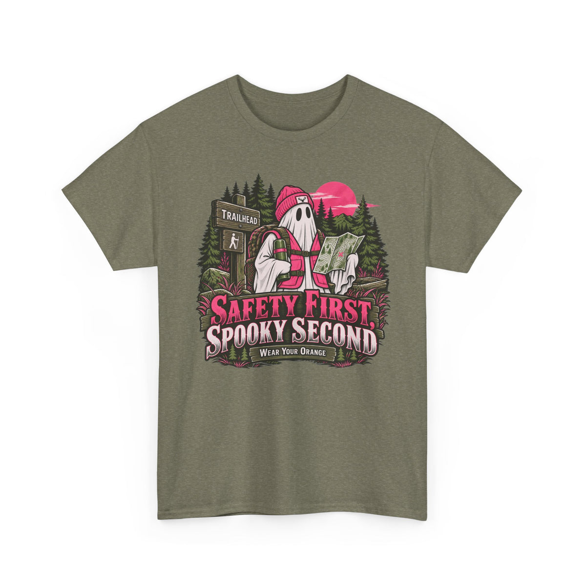 Safety First Spooky Second T-Shirt, Funny Ghost Hiker Halloween Shirt for Men and Women, Camping Trail Graphic Tee