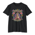 Black crew-neck T-shirt with colorful bat and floral graphic at center chest