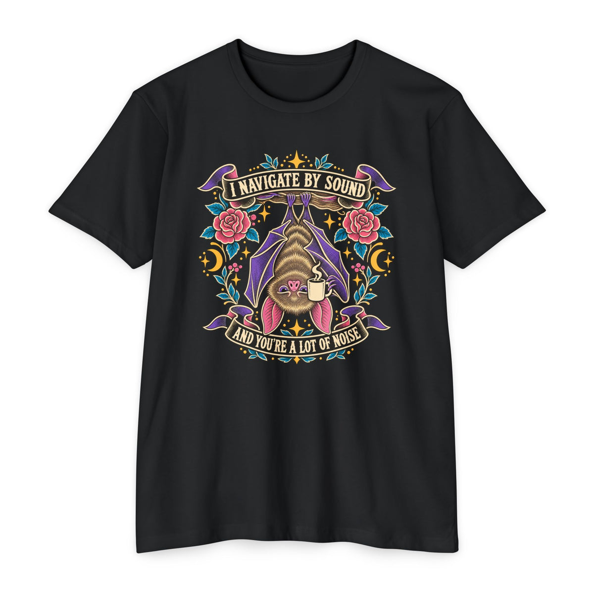 Black crew-neck T-shirt with colorful bat and floral graphic at center chest