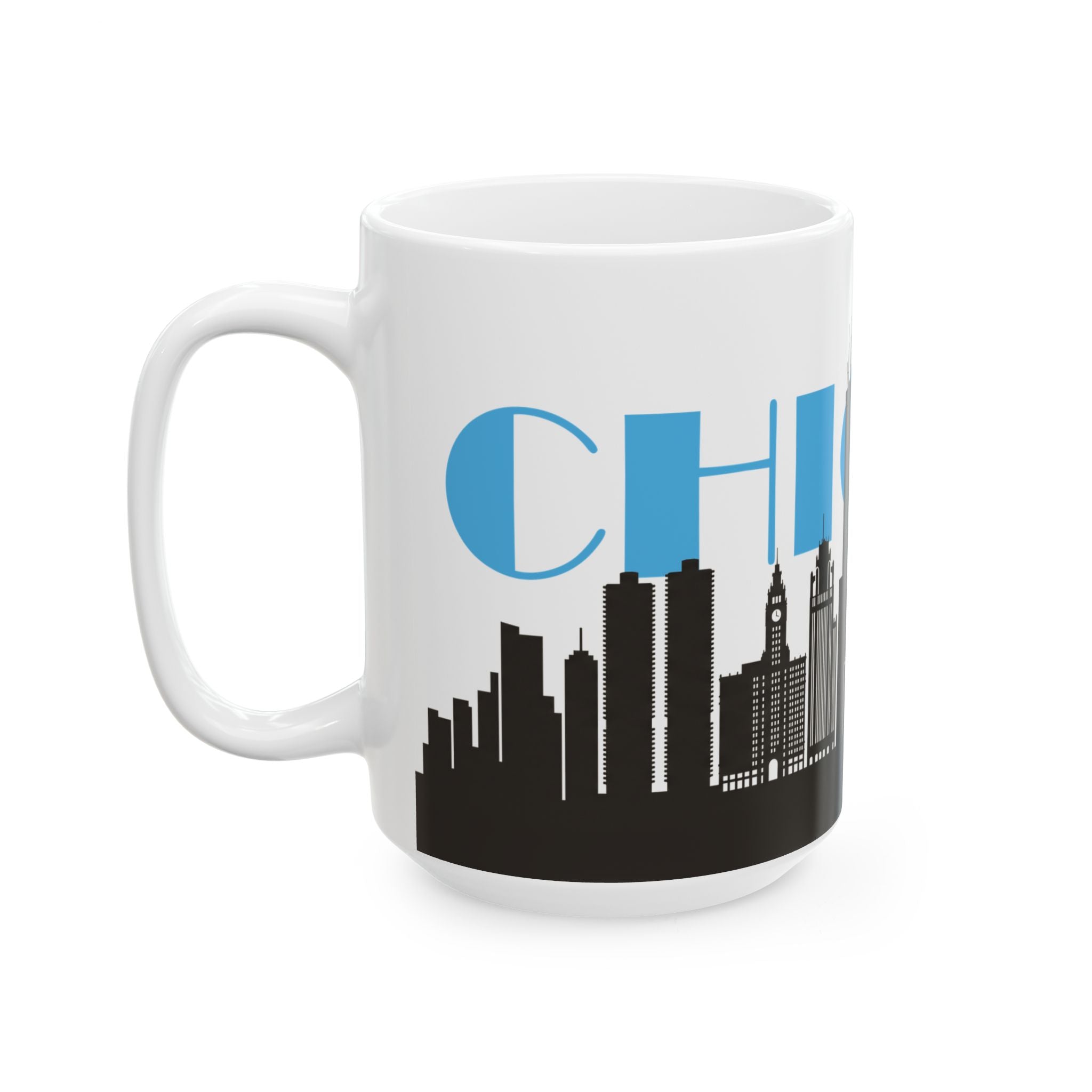 White ceramic mug with handle, black skyline silhouette and blue 'CH' lettering