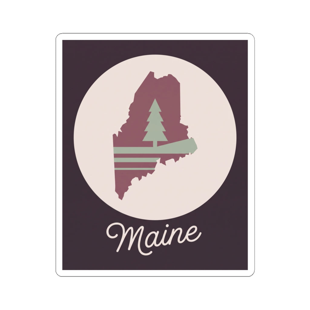 Maine silhouette vinyl sticker with mauve map shape, pine tree graphic, and cursive 'Maine'.