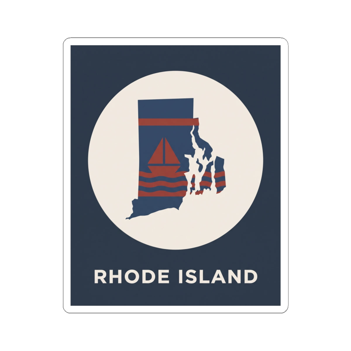Nautical map sticker showing Rhode Island outline with red waves, sailboat, and text