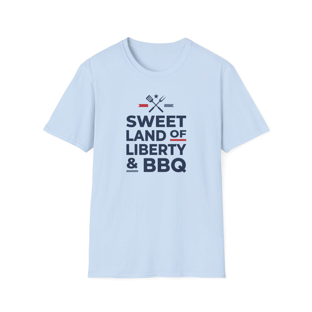 Light blue T-shirt featuring a “Sweet Land of Liberty & BBQ” front graphic.