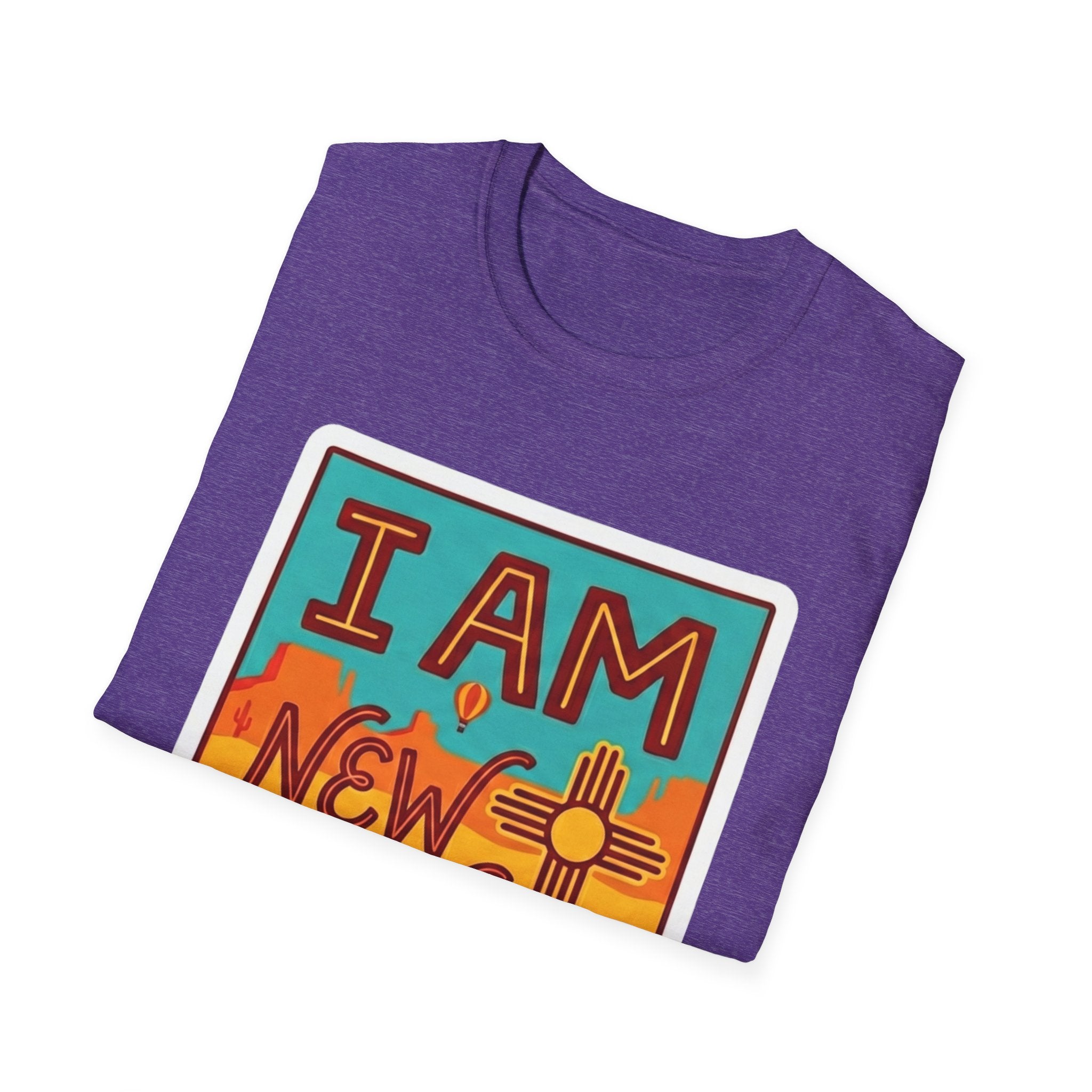 I Am New Mexico T-shirt, purple with colorful state pride Zia graphic