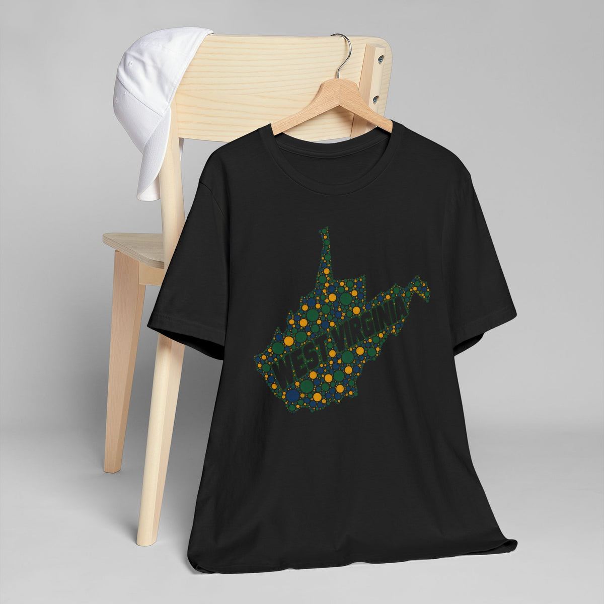 Black T-shirt with dotted West Virginia map and “WEST VIRGINIA” text graphic