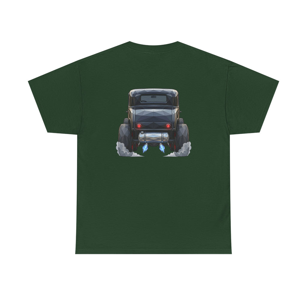 Dark green graphic T-shirt with vintage hot rod front illustration and smoke