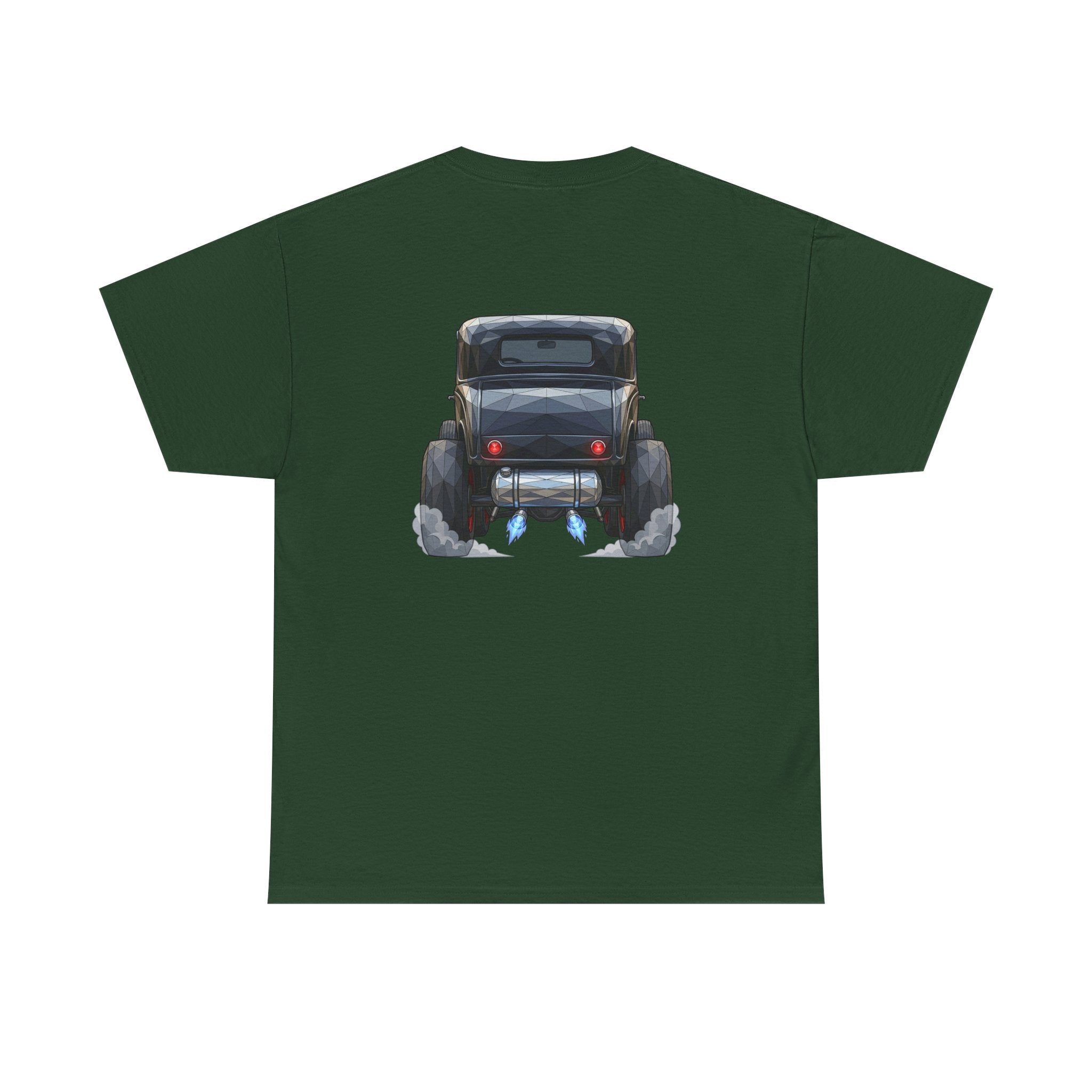 Dark green graphic T-shirt with vintage hot rod front illustration and smoke