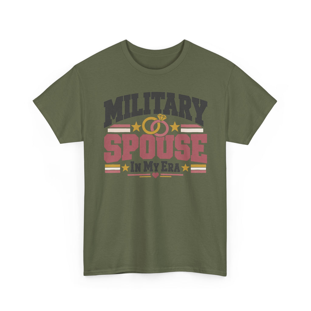Unisex green T-shirt with “MILITARY SPOUSE IN MY ERA” graphic and stars