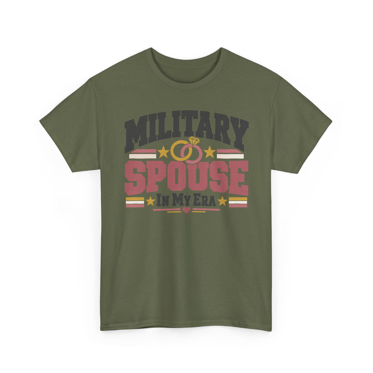 Unisex green T-shirt with “MILITARY SPOUSE IN MY ERA” graphic and stars