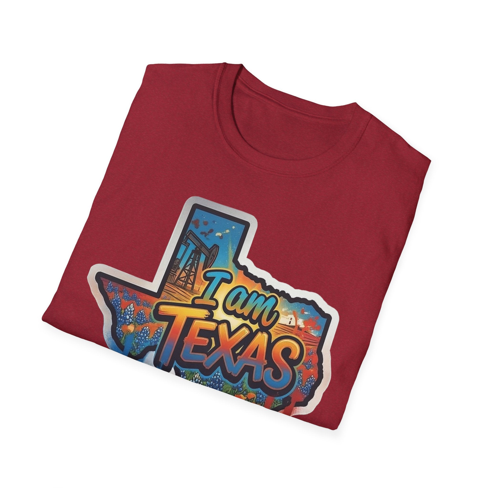 Red Texas graphic T-shirt with “I am TEXAS” text over illustrated state outline