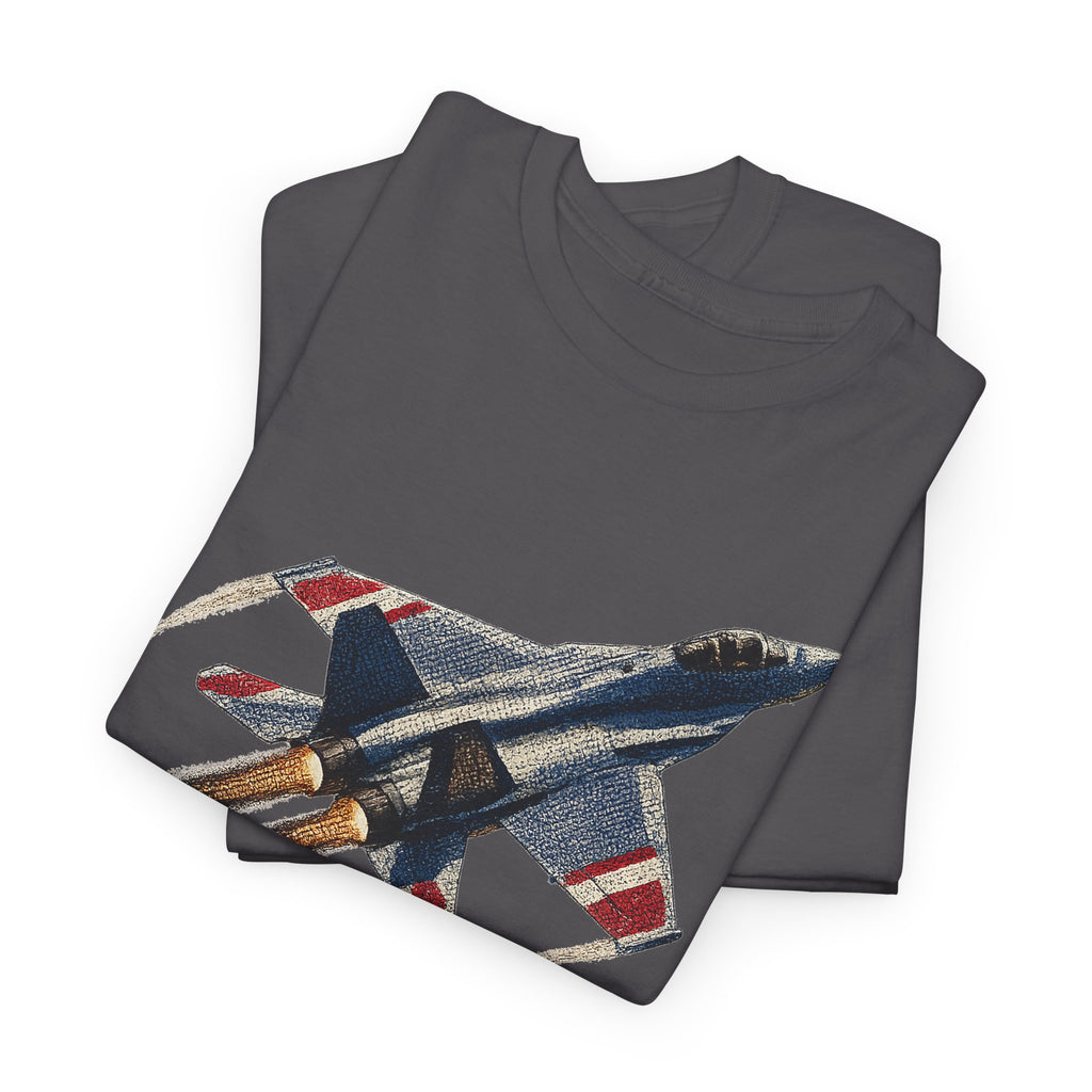 Charcoal T-shirt with fighter jet graphic across chest, crewneck