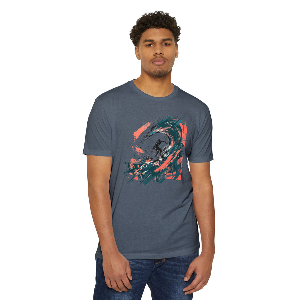 Unisex heather blue T-shirt with abstract wave paintbrush graphic on chest