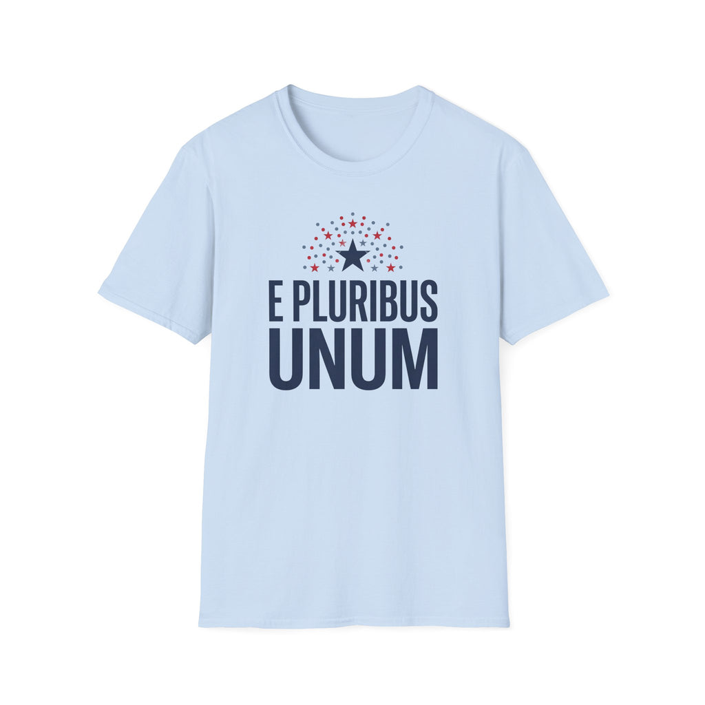 Light blue crew-neck T-shirt with centered 'E PLURIBUS UNUM' and red star circle
