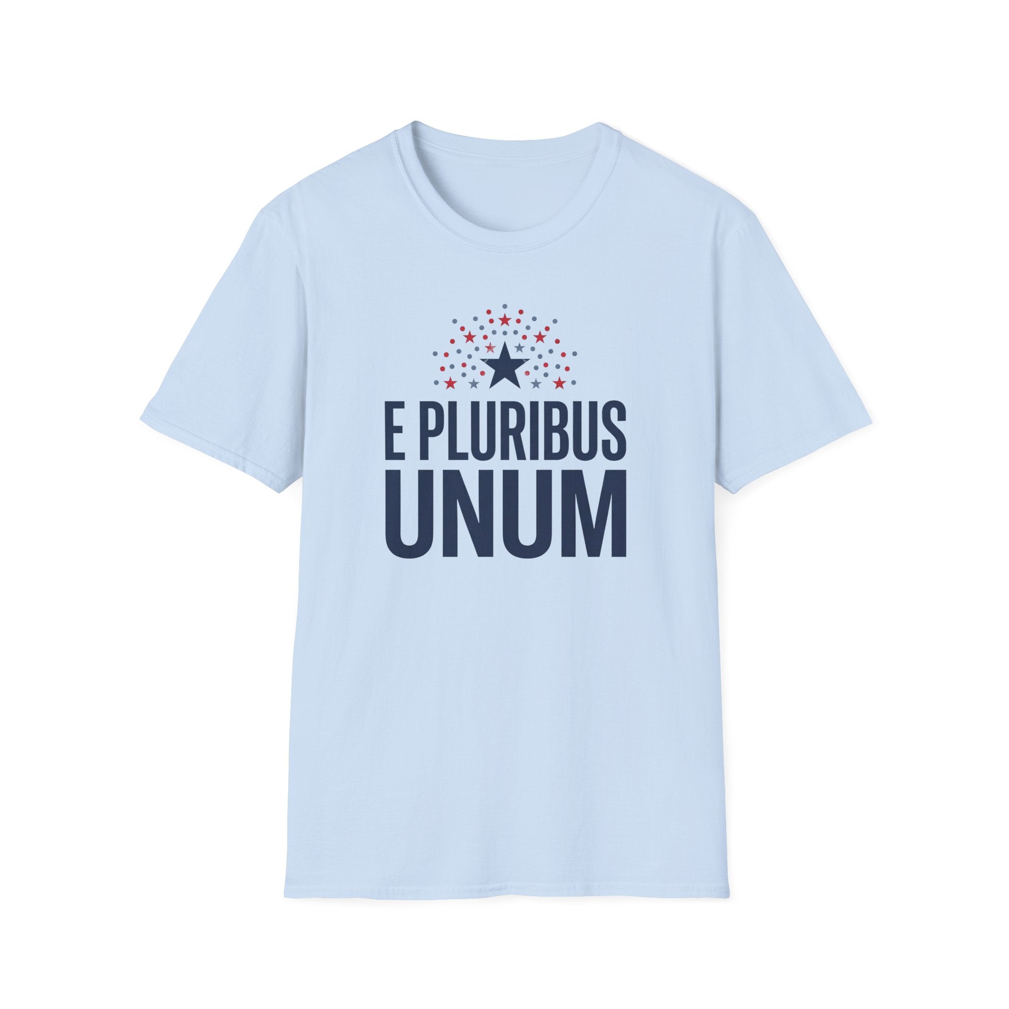 Light blue crew-neck T-shirt with centered 'E PLURIBUS UNUM' and red star circle