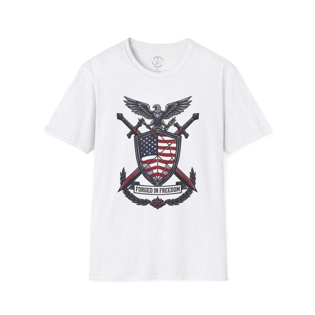 Patriotic red-white-blue graphic T-shirt, white base, front eagle shield print