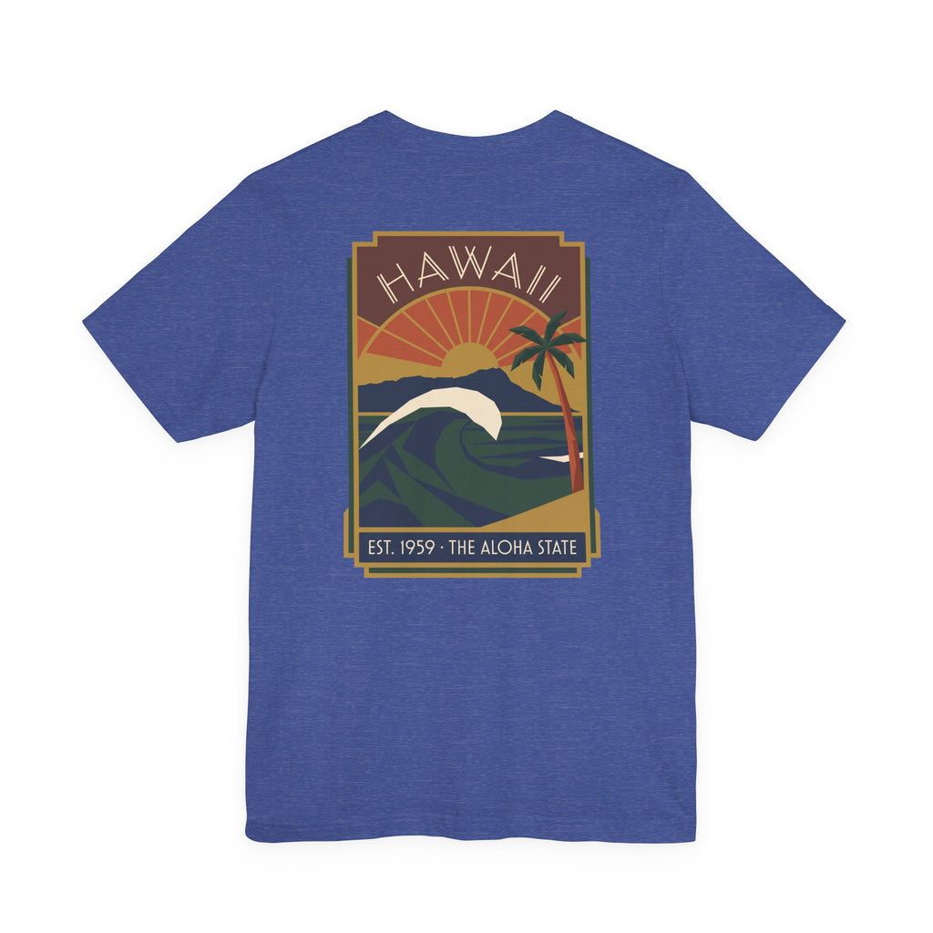 Royal blue T-shirt with vintage Hawaii sunset and wave graphic print