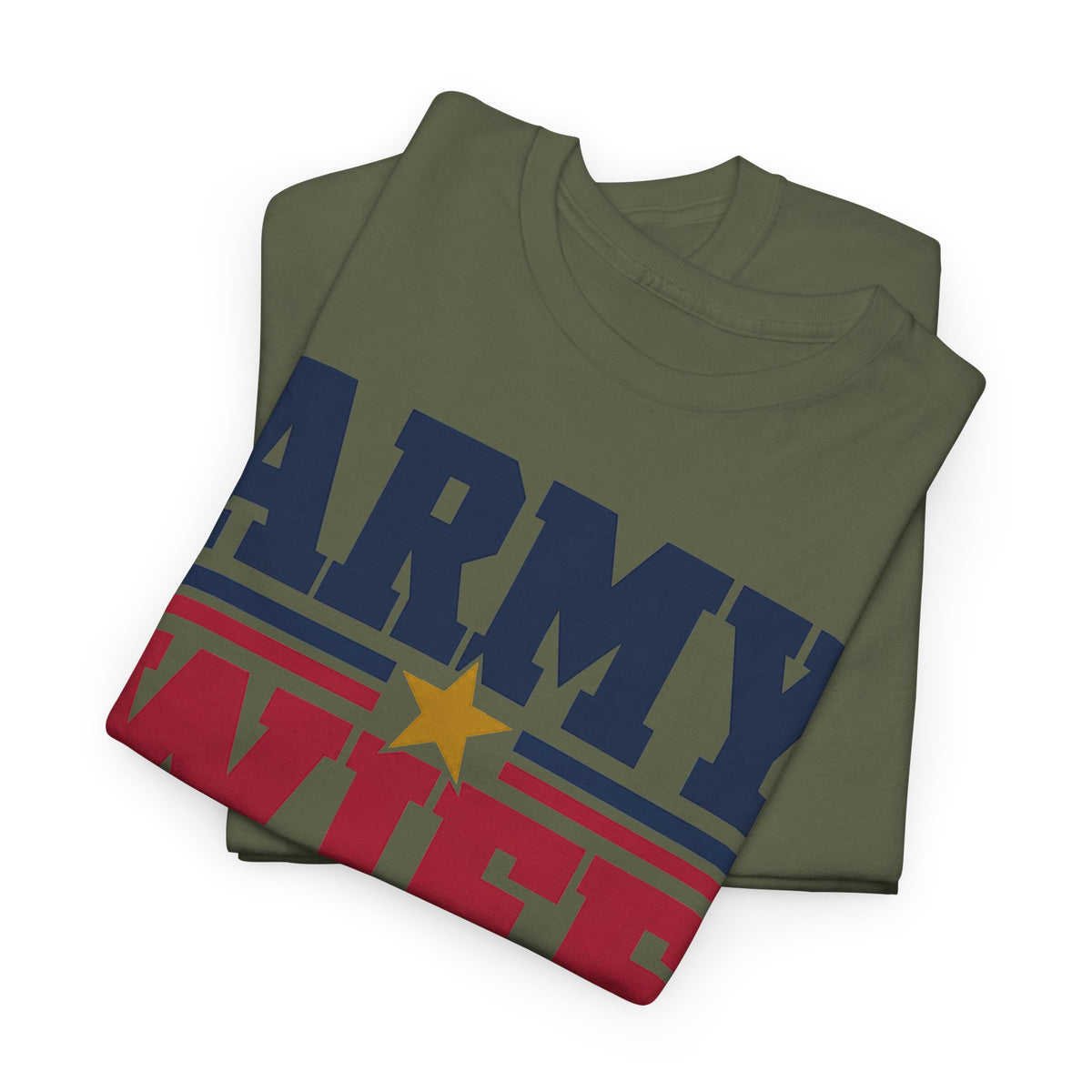 Military green T-shirt with patriotic block-letter graphic and gold star