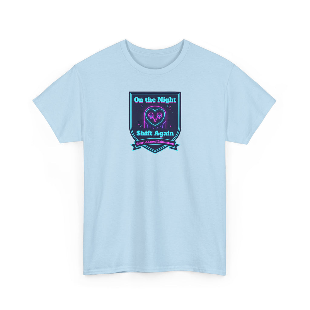 Light blue crew-neck T-shirt with short sleeves, front graphic print