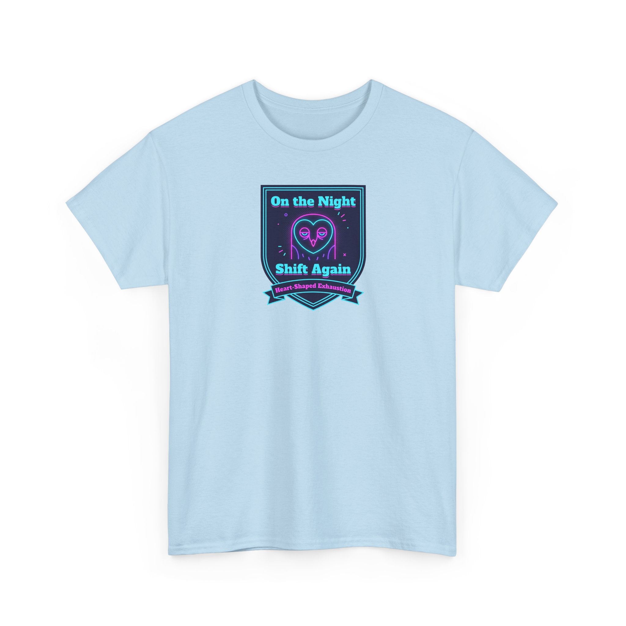 Light blue crew-neck T-shirt with short sleeves, front graphic print