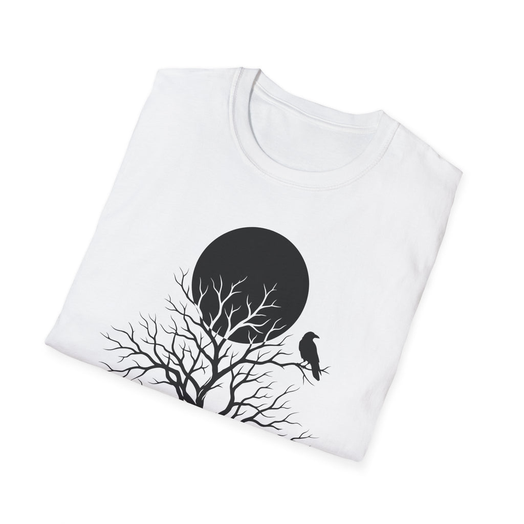 White T-shirt with black moon, tree branches, and small bird graphic