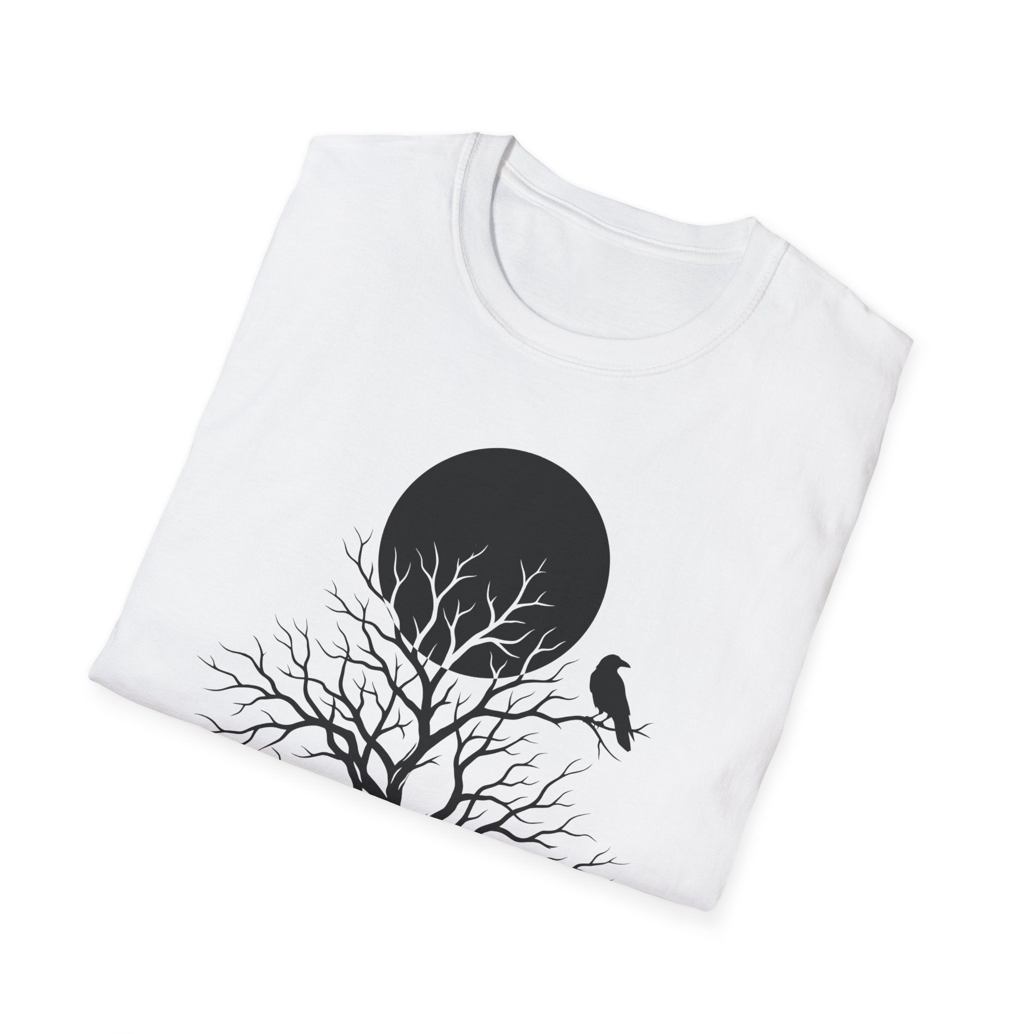 White T-shirt with black moon, tree branches, and small bird graphic