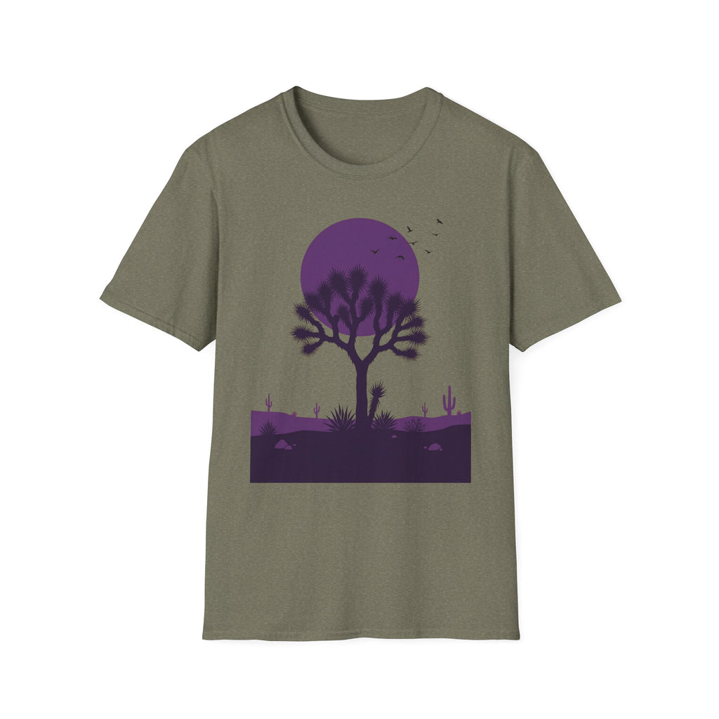Olive green T-shirt with purple moon and Joshua tree desert landscape silhouette graphic