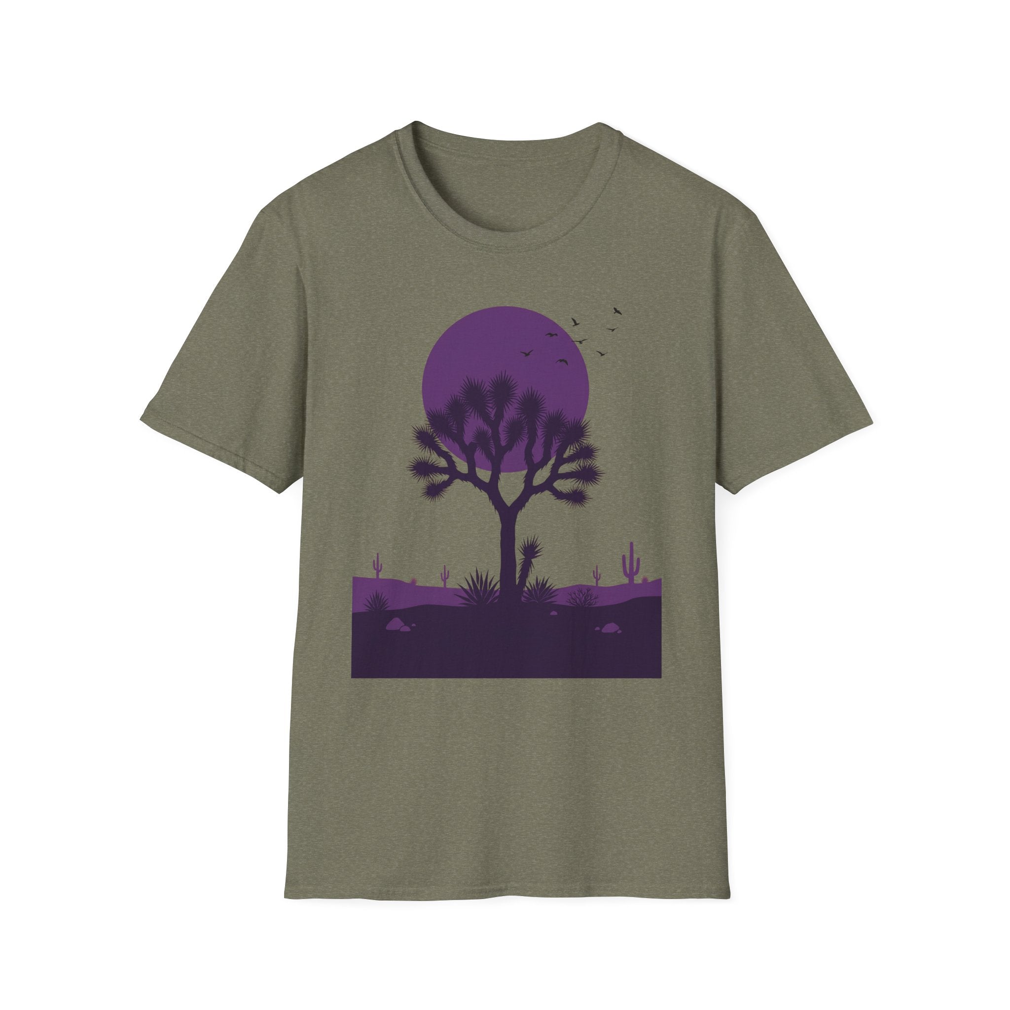 Olive green T-shirt with purple moon and Joshua tree desert landscape silhouette graphic