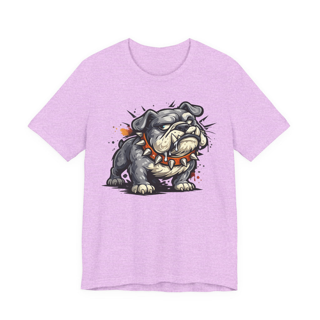 Light mauve bulldog graphic T-shirt with snarling cartoon dog illustration