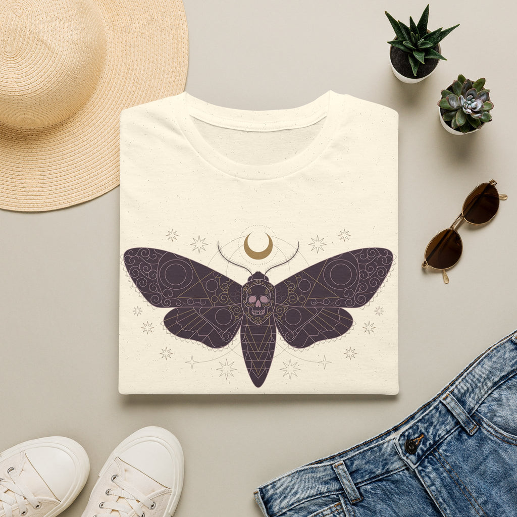 White moth skull graphic T-shirt with crescent moon and purple moth wings