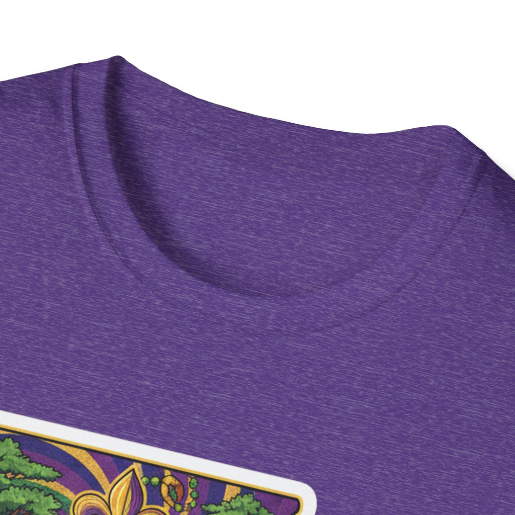 Close-up: heather purple crew neck T-shirt, partial graphic along bottom