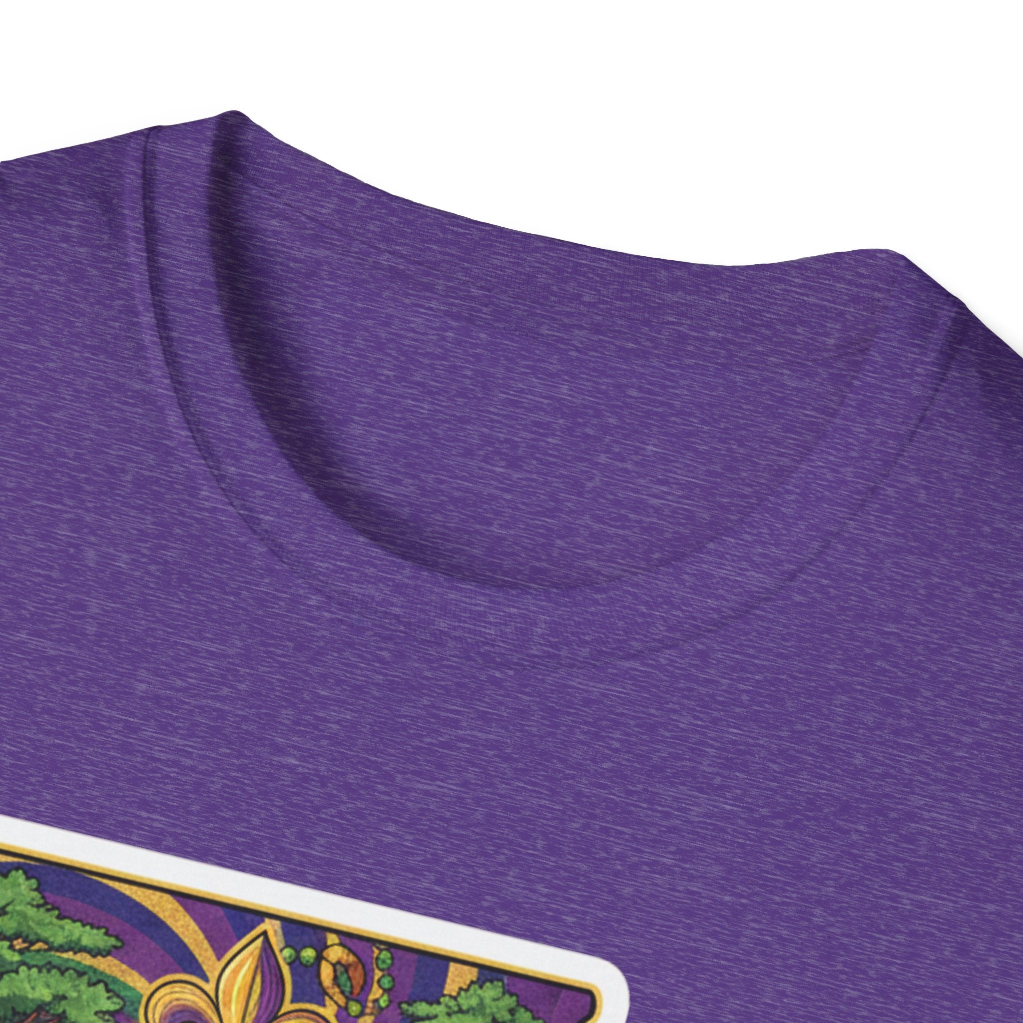 Close-up: heather purple crew neck T-shirt, partial graphic along bottom